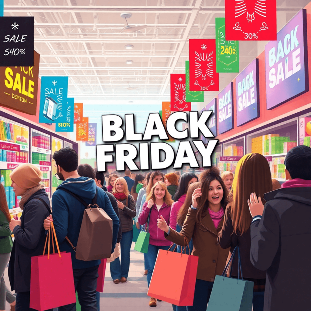 Một cảnh mua sắm nhộn nhịp vào ngày Black Friday, với những người mua sắm phấn khích đang tìm kiếm các sản phẩm giảm giá, được bao quanh bởi các bi...