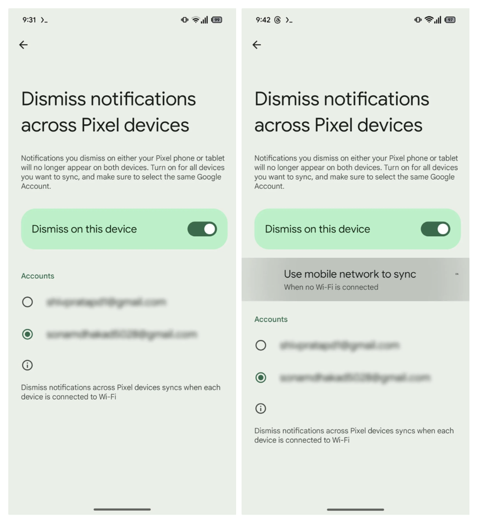 Google có thể sắp cho phép đồng bộ thông báo Pixel qua dữ liệu di động - The new toggle for dismiss notifications across Pixel devices.