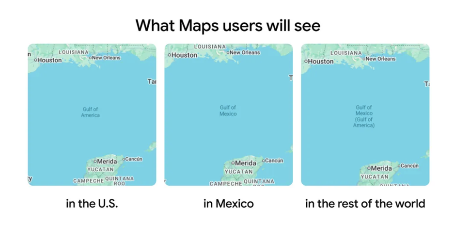 Người dùng Google Maps tại Mỹ sẽ thấy tên mới 'Vịnh Mỹ'. - Google's graphic showing Google Maps names in different regions.